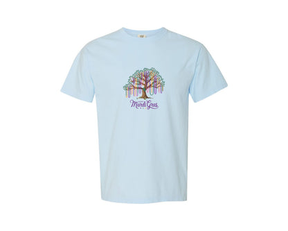 brand:Comfort Colors|color:Chambray|Colorful Mardi Gras Tree With Beads And Graphic T-Shirt