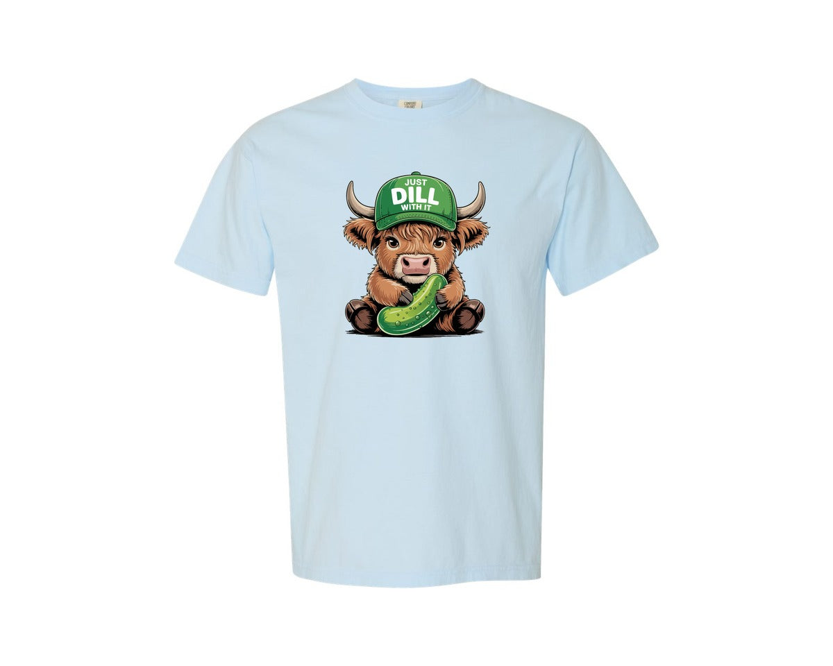 brand:Comfort Colors|color:Chambray|Dill Cow Highland Cattle Pun Art Graphic T-Shirt