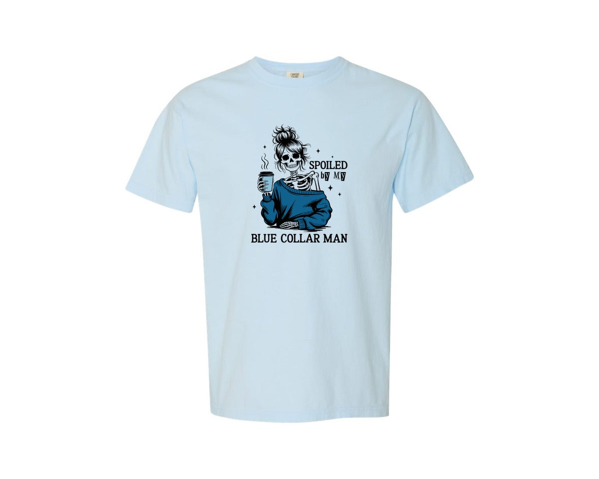 brand:Comfort Colors|color:Chambray|Funny Skeleton Wife Blue Collar Man Graphic T-Shirt