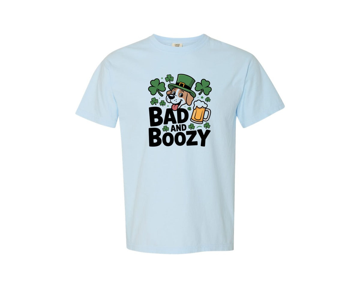 brand:Comfort Colors|color:Chambray|Bad And Boozy Dog St Patricks Day Graphic T-Shirt