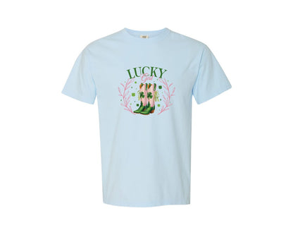 brand:Comfort Colors|color:Chambray|Lucky Girl Cowboy Boots Graphic T-Shirt