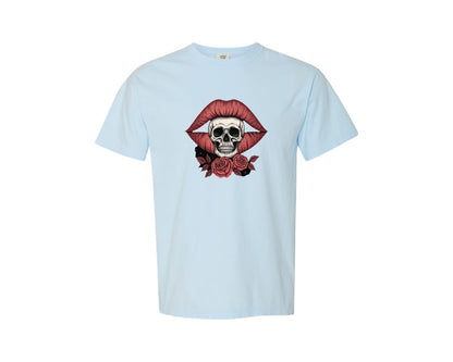 brand:Comfort Colors|color:Chambray|Lips Rose Black Theme Skull 5 Graphic T-Shirt