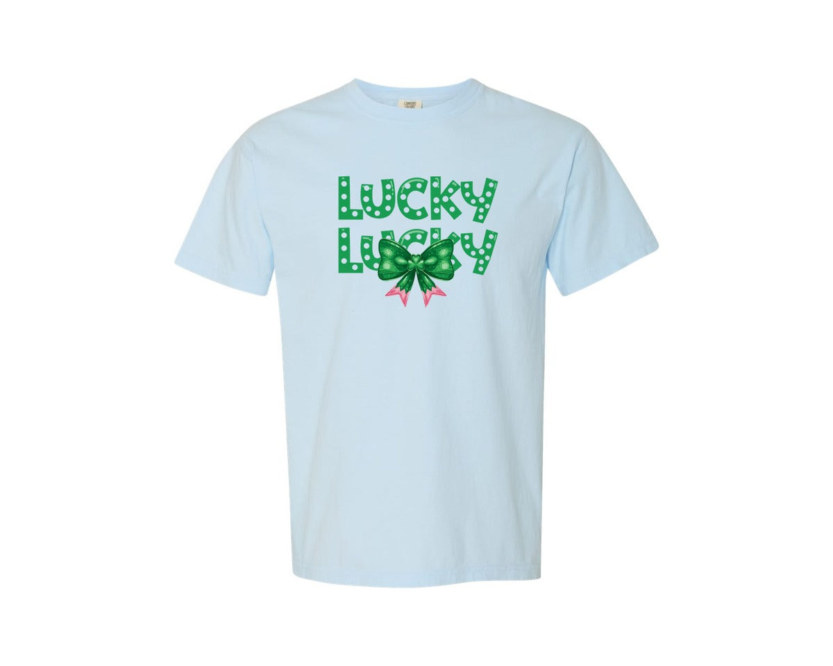 brand:Comfort Colors|color:Chambray|St Patricks Day Lucky Coquette Bow 6 Graphic T-Shirt
