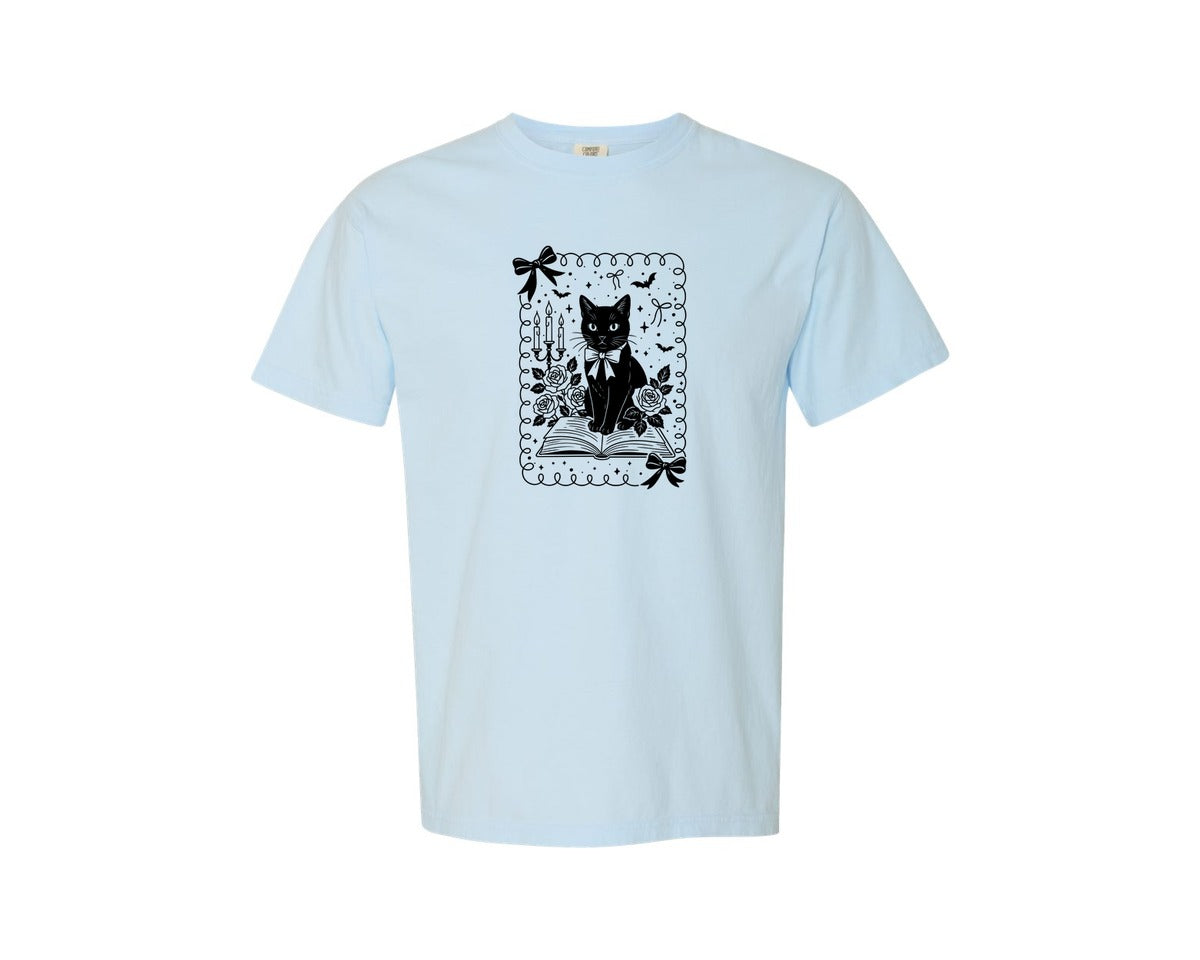 brand:Comfort Colors|color:Chambray|Book Lover Witchy Book Club Cat Graphic T-Shirt