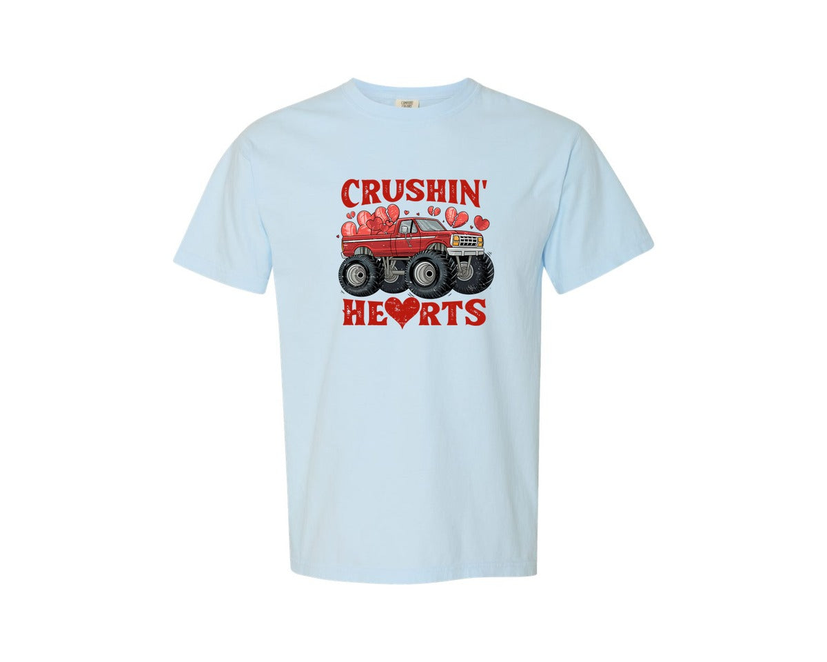 brand:Comfort Colors|color:Chambray|Boy Valentine Monster Truck Graphic T-Shirt