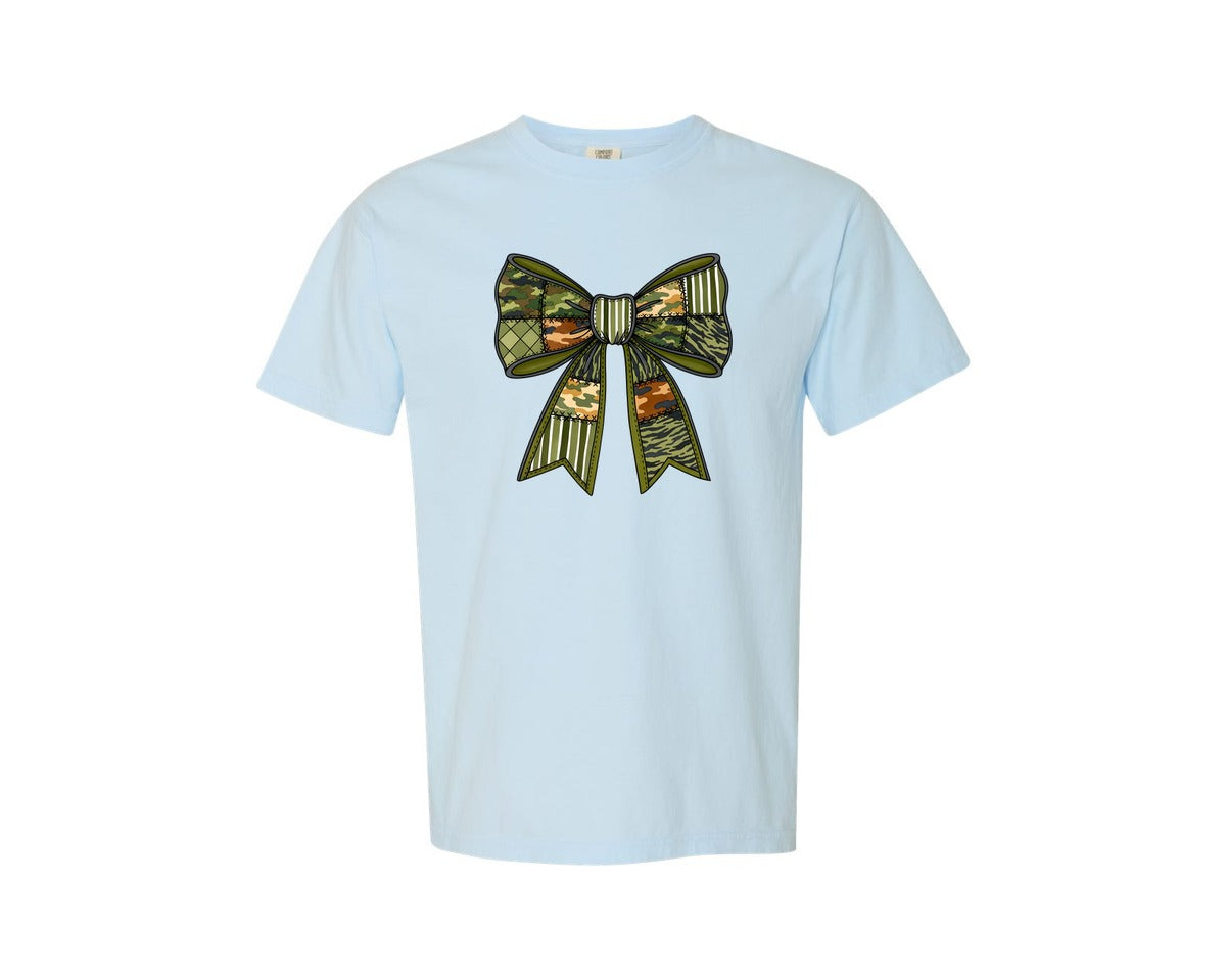 brand:Comfort Colors|color:Chambray|Coquette Camo Bow Patchwork Camo Graphic T-Shirt