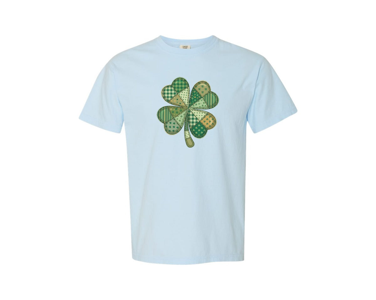 brand:Comfort Colors|color:Chambray|St Patricks Day Patchwork Shamrock Graphic T-Shirt