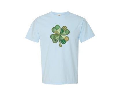 brand:Comfort Colors|color:Chambray|St Patricks Day Patchwork Shamrock Graphic T-Shirt