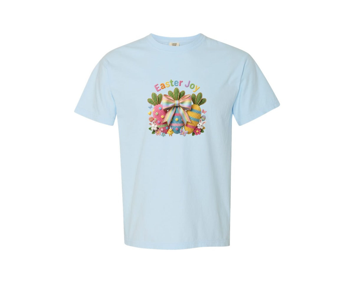 brand:Comfort Colors|color:Chambray|Glitter Bow Easter Joy Crochet Graphic T-Shirt