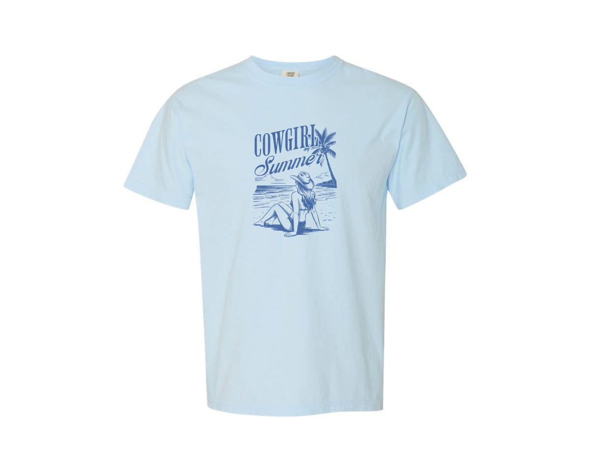 brand:Comfort Colors|color:Chambray|Cowgirl Summer Retro Western Beach Graphic T-Shirt