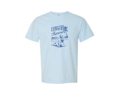 brand:Comfort Colors|color:Chambray|Cowgirl Summer Retro Western Beach Graphic T-Shirt