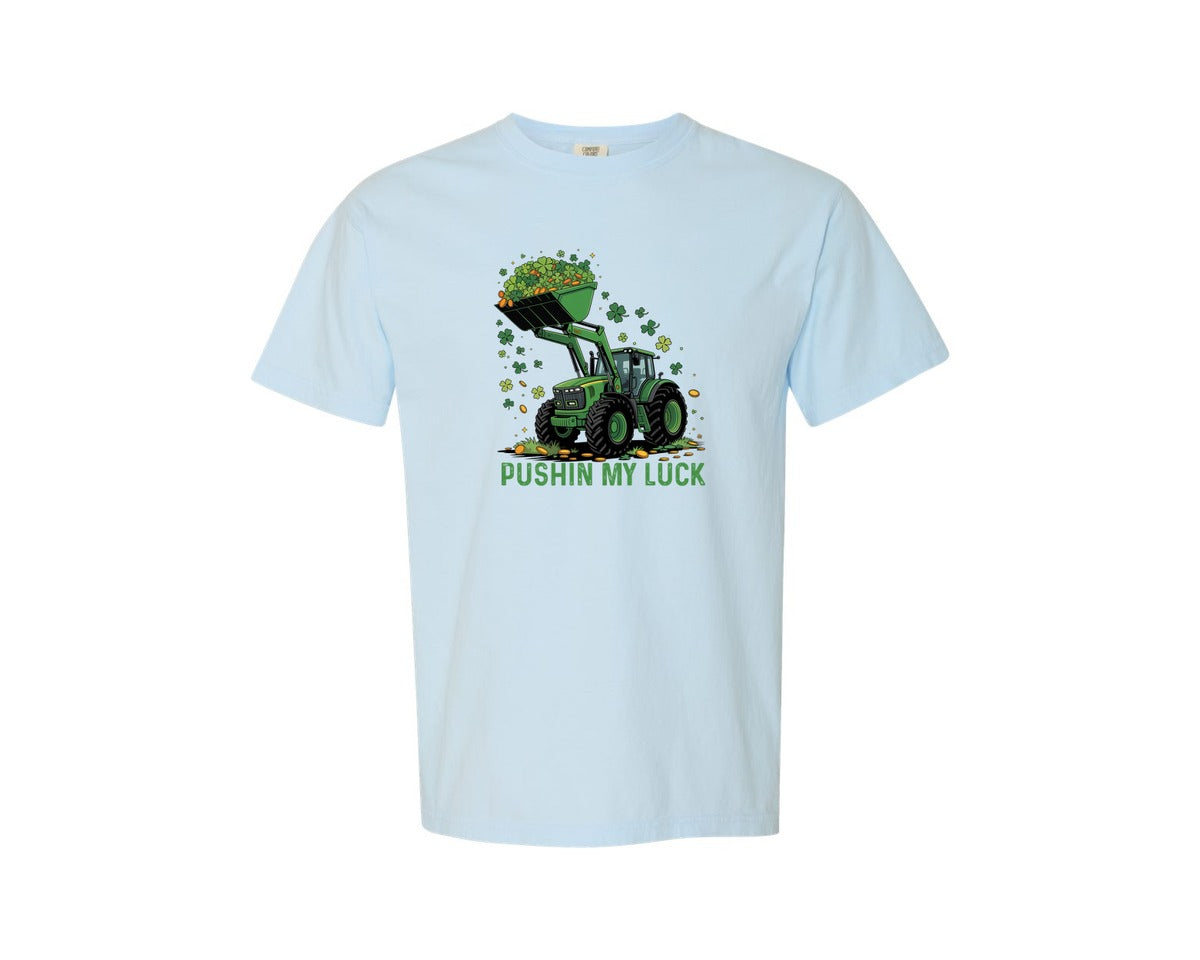 brand:Comfort Colors|color:Chambray|Pushin My Luck St Patricks Tractor Graphic T-Shirt