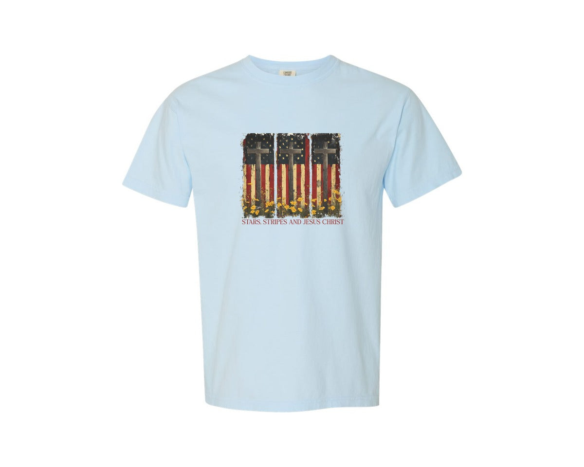 brand:Comfort Colors|color:Chambray|Stars And Stripes And Jesus Christ Graphic T-Shirt