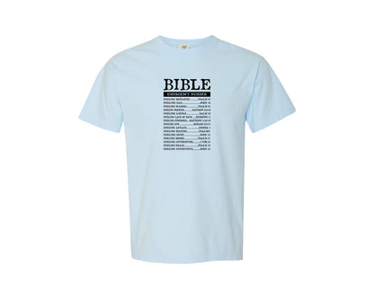 brand:Comfort Colors|color:Chambray|Nutrition Facts Bible Emergency Numbers Graphic T-Shirt