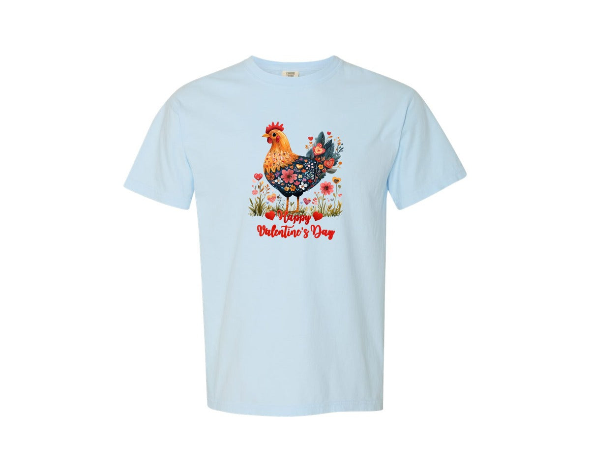 brand:Comfort Colors|color:Chambray|Chicken Happy Valentines Day 3 Graphic T-Shirt
