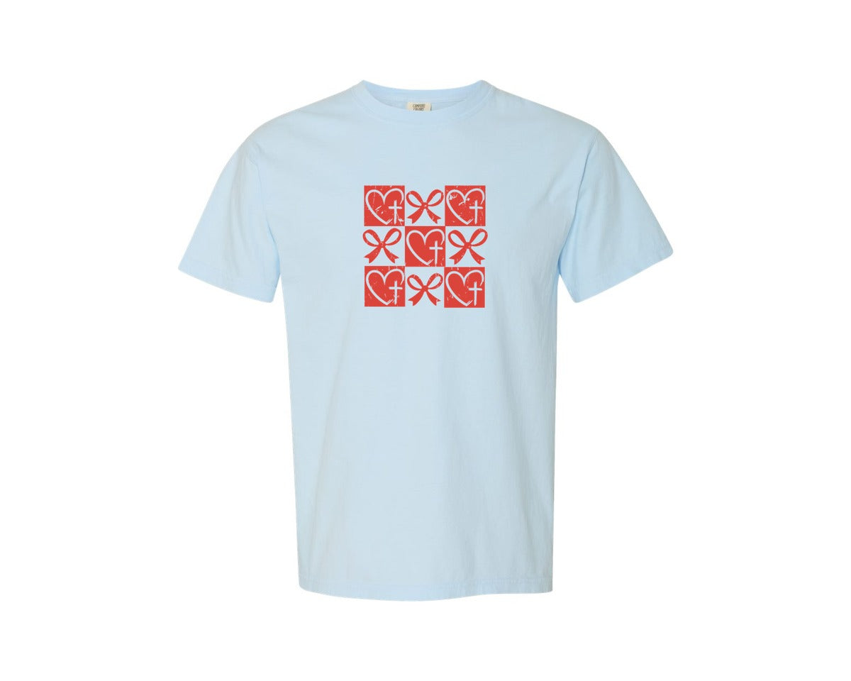 brand:Comfort Colors|color:Chambray|Retro Checkered Heart Coquette Graphic T-Shirt