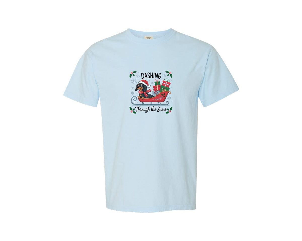 brand:Comfort Colors|color:Chambray|Dashing Through The Snow Dachshund Chris Graphic T-Shirt