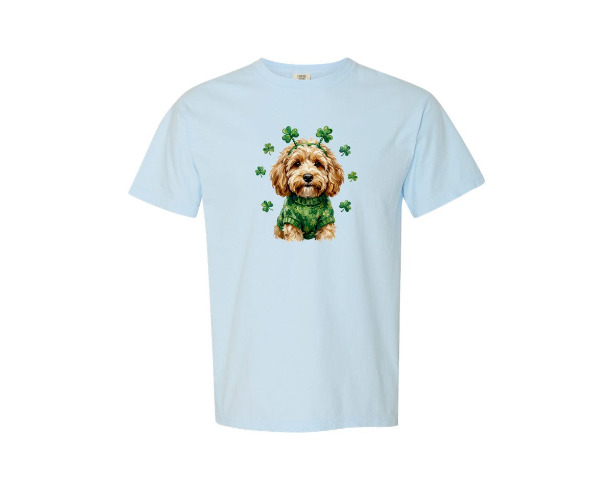 brand:Comfort Colors|color:Chambray|Cute Dog Shamrock Oil Paint Graphic T-Shirt