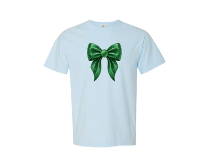 brand:Comfort Colors|color:Chambray|Green Sequin Shamrock Bow Graphic T-Shirt