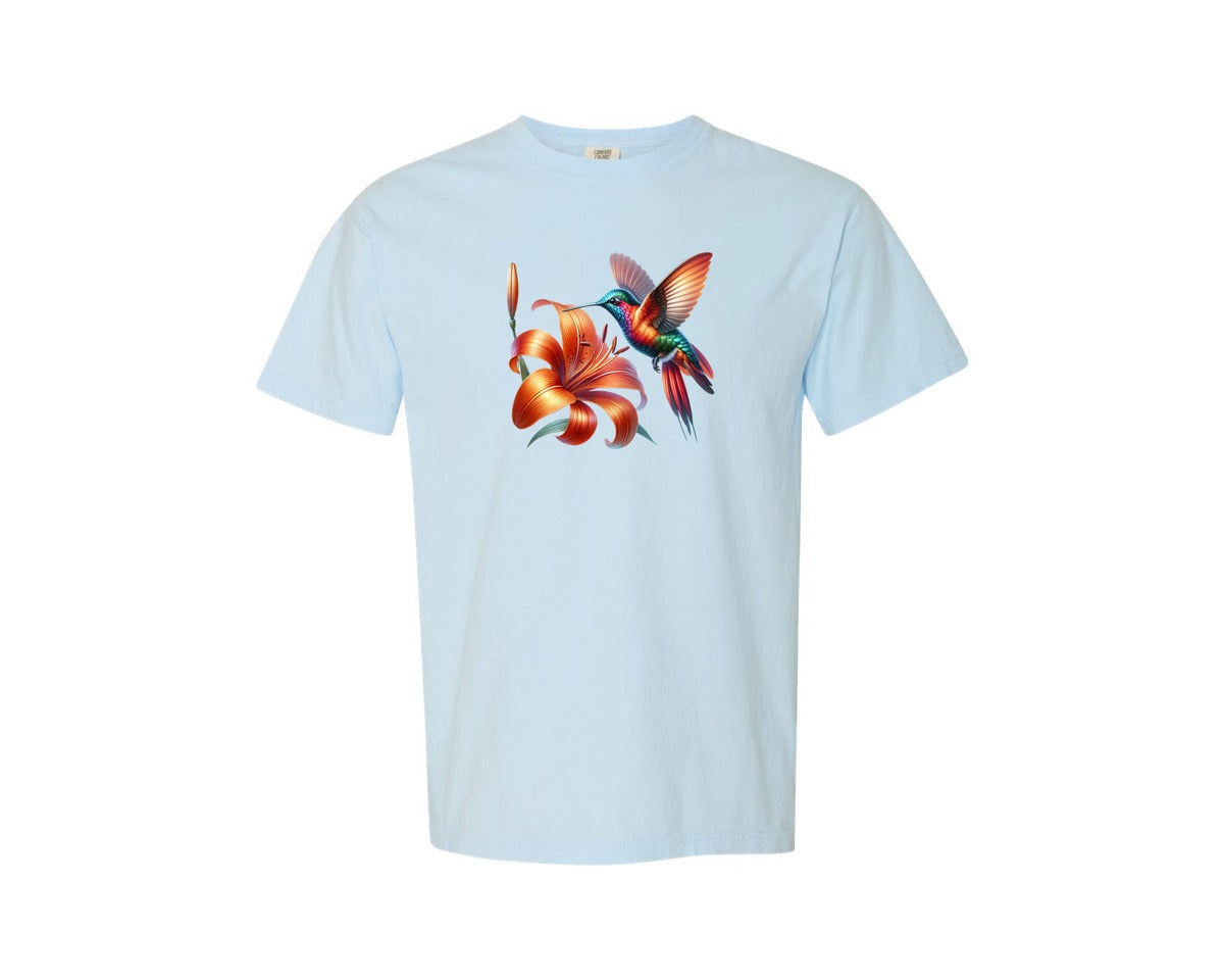 brand:Comfort Colors|color:Chambray|Colorful Flower Hummingbird Graphic T-Shirt