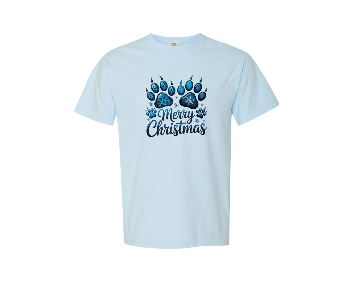 brand:Comfort Colors|color:Chambray|Merry Christmas Paw Dog Lover Graphic T-Shirt