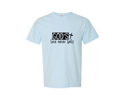 brand:Comfort Colors|color:Chambray|Gods Love Never Fails Sleeve Design 2 Graphic T-Shirt