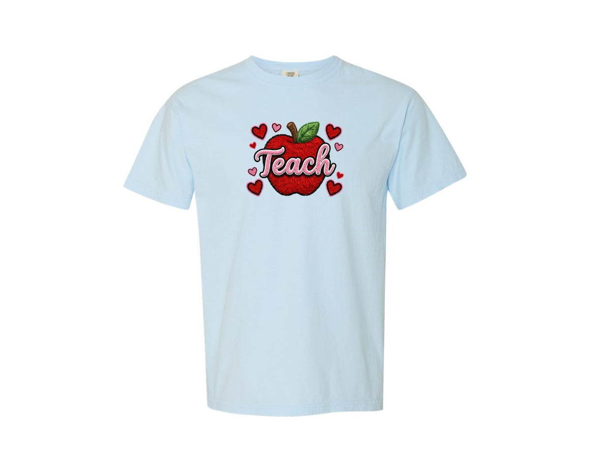 brand:Comfort Colors|color:Chambray|Teach Apple Faux Yarn Valentine Day Graphic T-Shirt