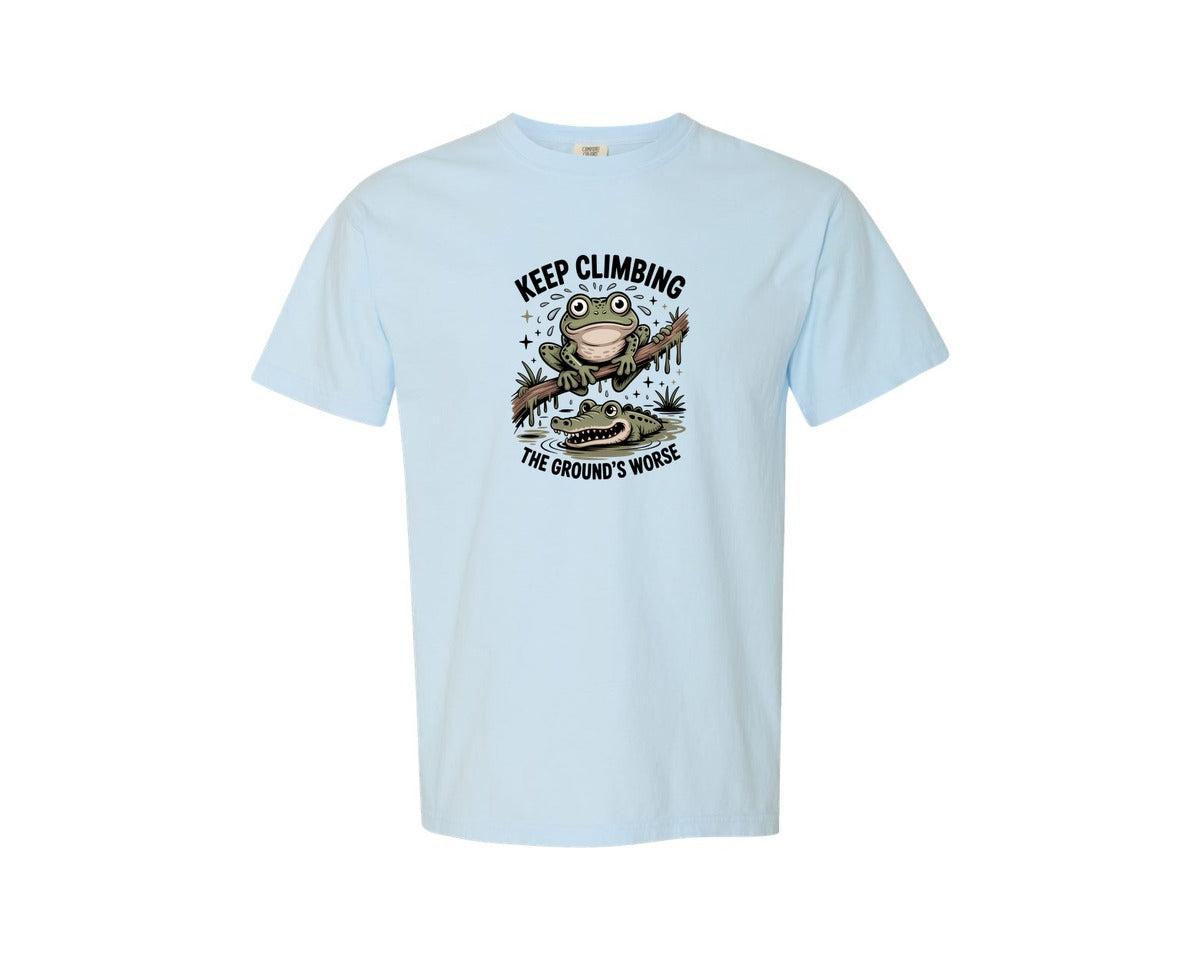 brand:Comfort Colors|color:Chambray|Keep Climbing Funny Frog Motivational Graphic T-Shirt
