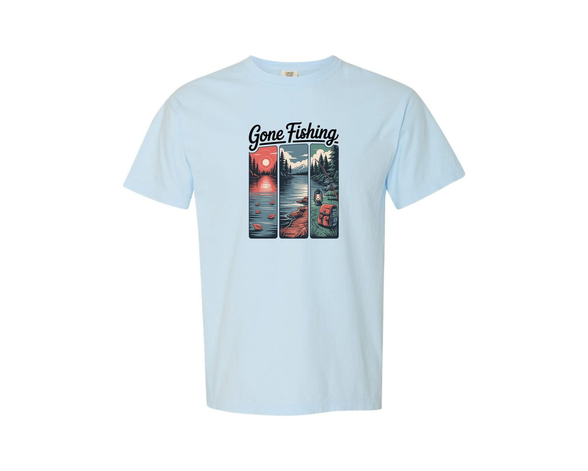 brand:Comfort Colors|color:Chambray|Gone Fishing Lake Adventure Design Graphic T-Shirt