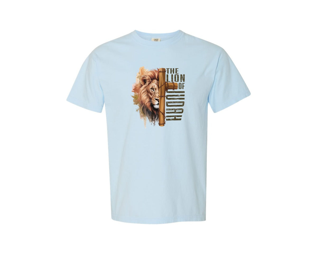 brand:Comfort Colors|color:Chambray|Jesus Lion Of Judah Lion And Cross Graphic T-Shirt