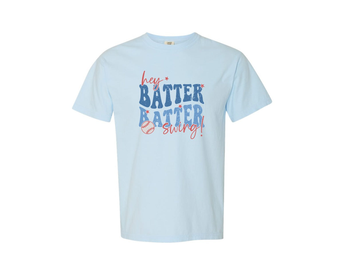 brand:Comfort Colors|color:Chambray|Retro Baseball Hey Batter Batter Swing Graphic T-Shirt