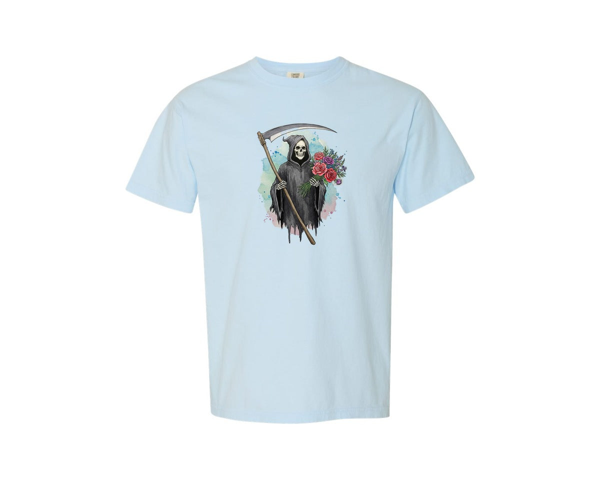 brand:Comfort Colors|color:Chambray|Grim Reaper With Flowers Gothic Graphic T-Shirt