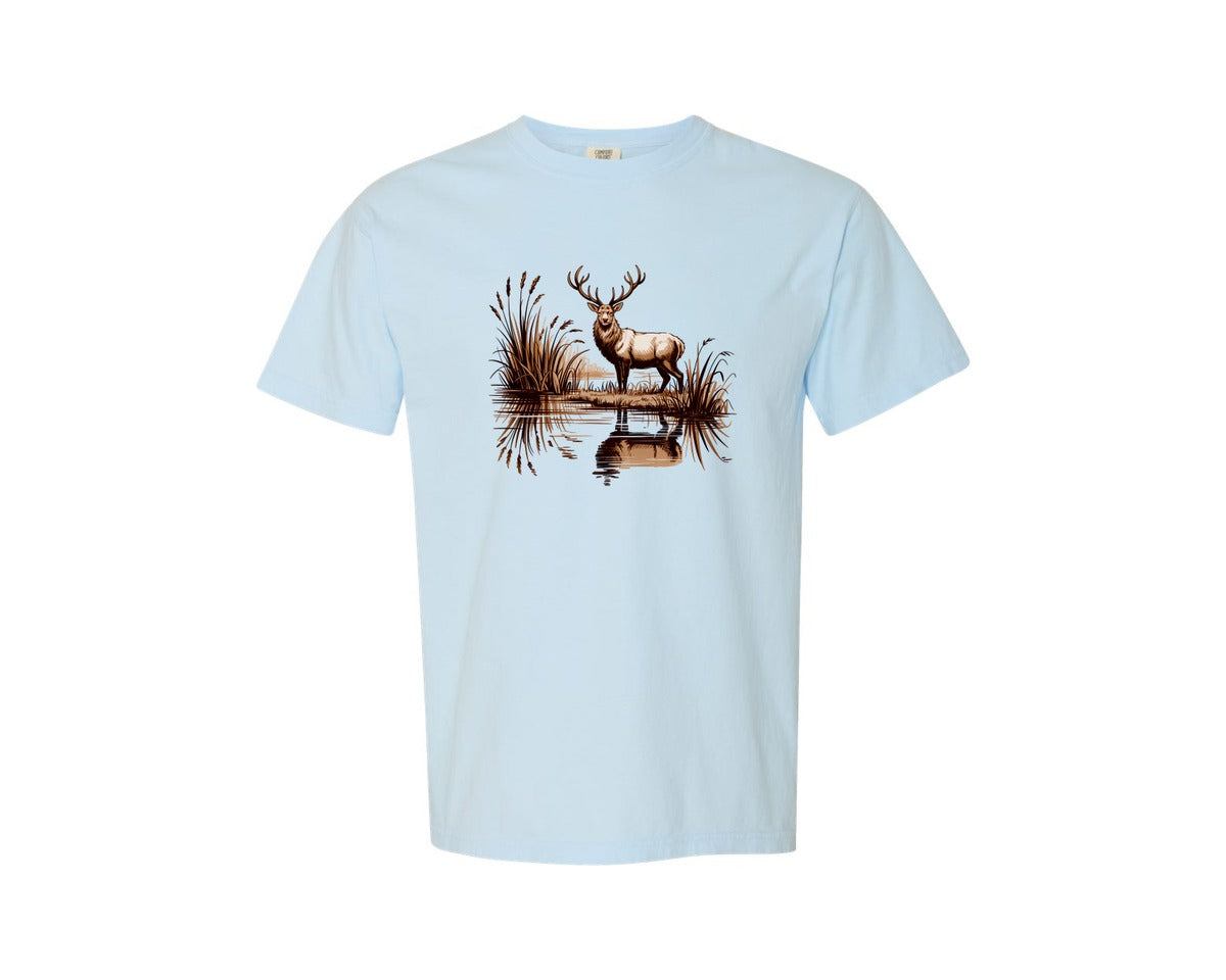 brand:Comfort Colors|color:Chambray|Retro Deer Wilderness Scene Graphic T-Shirt