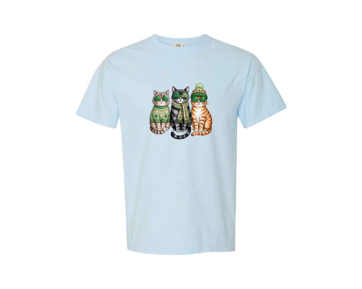 brand:Comfort Colors|color:Chambray|St Patricks Day Cats Lucky Graphic T-Shirt