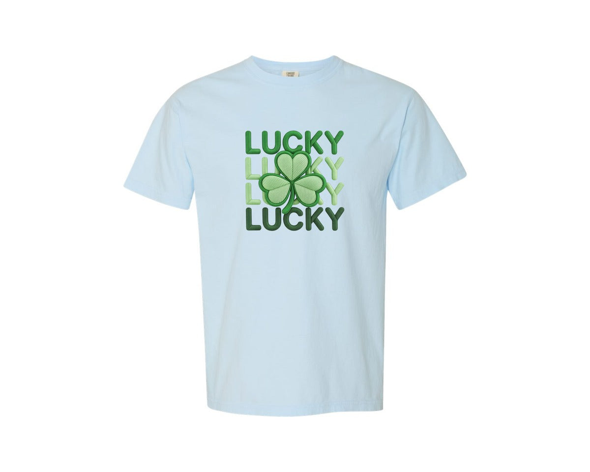 brand:Comfort Colors|color:Chambray|Lucky St Patricks Day Shamrock 3 Graphic T-Shirt