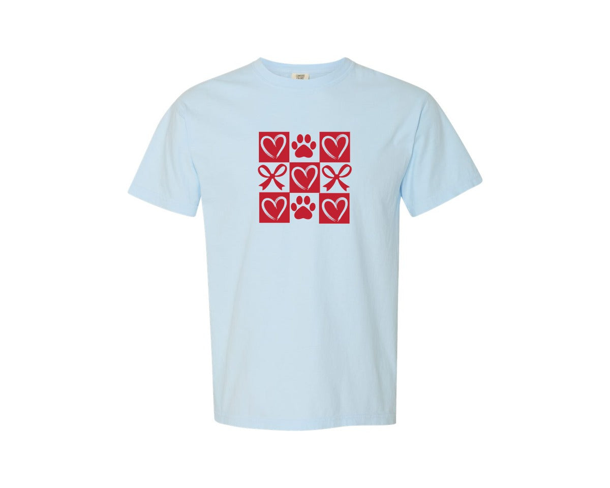 brand:Comfort Colors|color:Chambray|Retro Checkered Dog Paw Valentine Graphic T-Shirt