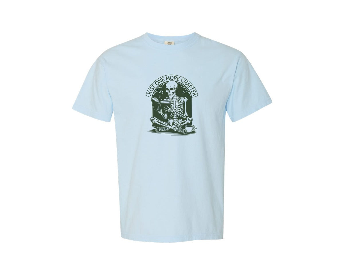 brand:Comfort Colors|color:Chambray|Just One More Chapter Skeleton Coffee 2 Graphic T-Shirt