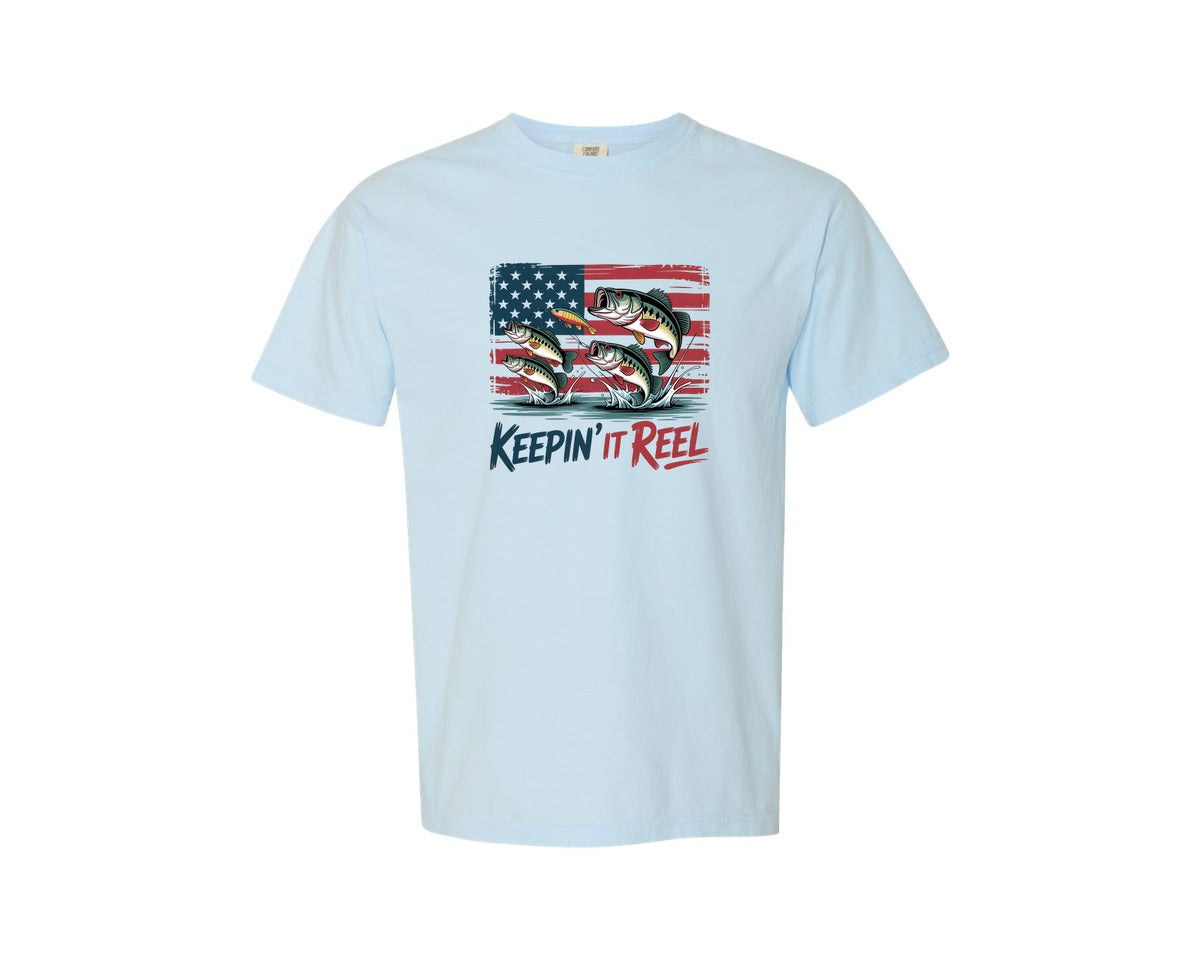 brand:Comfort Colors|color:Chambray|America Fish Flag Keepin It Reel 2 Graphic T-Shirt