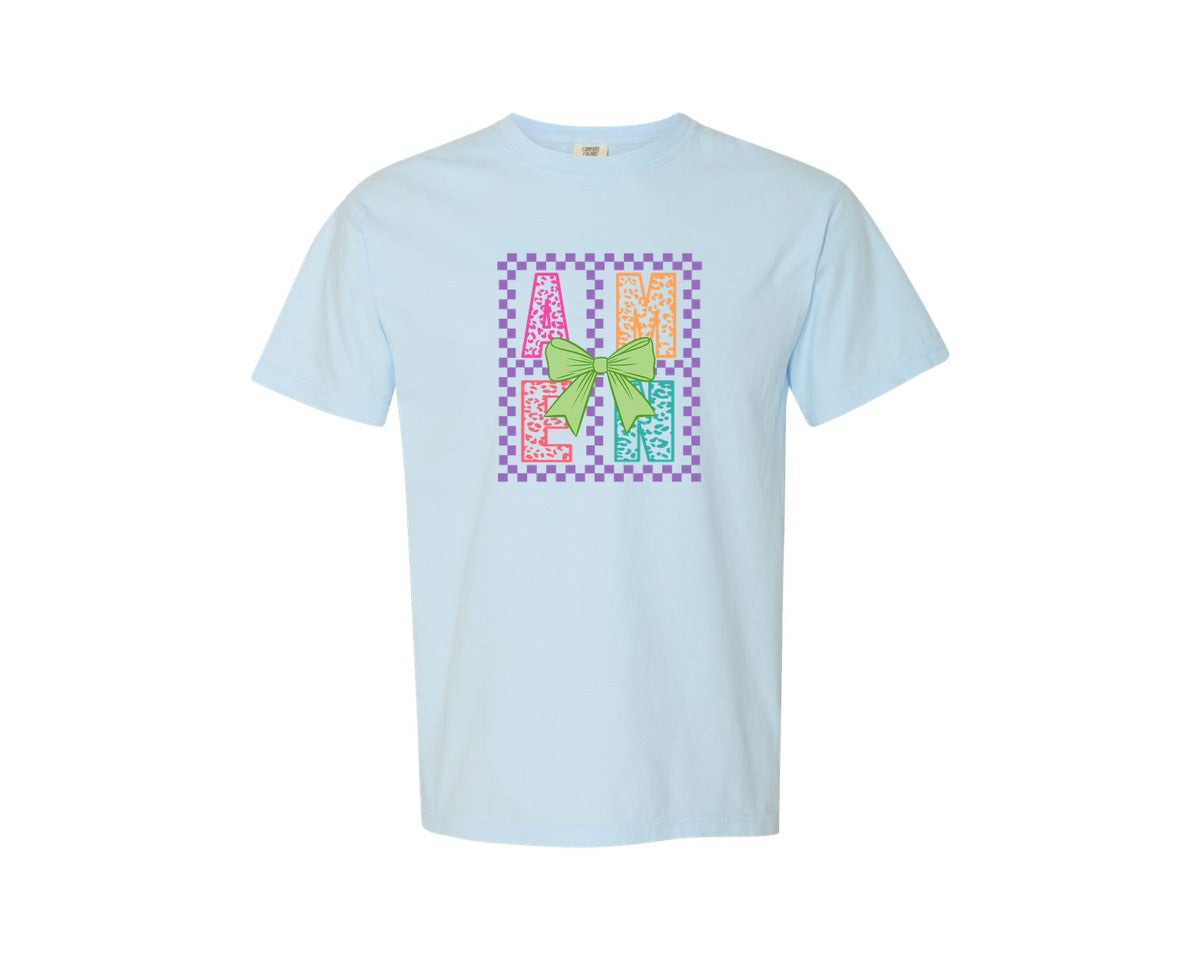 brand:Comfort Colors|color:Chambray|Amen Coquette Bow Jesus Easter 3 Graphic T-Shirt