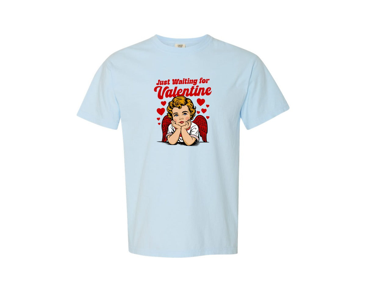 brand:Comfort Colors|color:Chambray|Just Waiting For Valentine Cupid 2 Graphic T-Shirt
