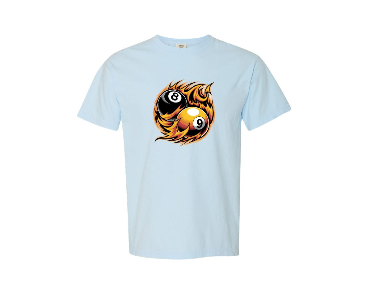 brand:Comfort Colors|color:Chambray|Flaming 8 9 Ball Billiards Graphic T-Shirt