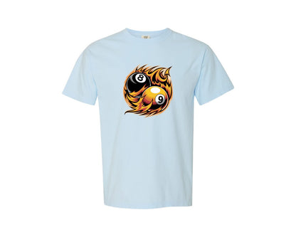 brand:Comfort Colors|color:Chambray|Flaming 8 9 Ball Billiards Graphic T-Shirt