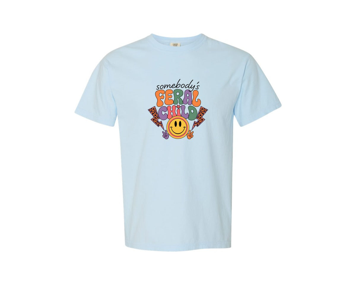 brand:Comfort Colors|color:Chambray|Somebodys Feral Child Funny Summer Graphic T-Shirt