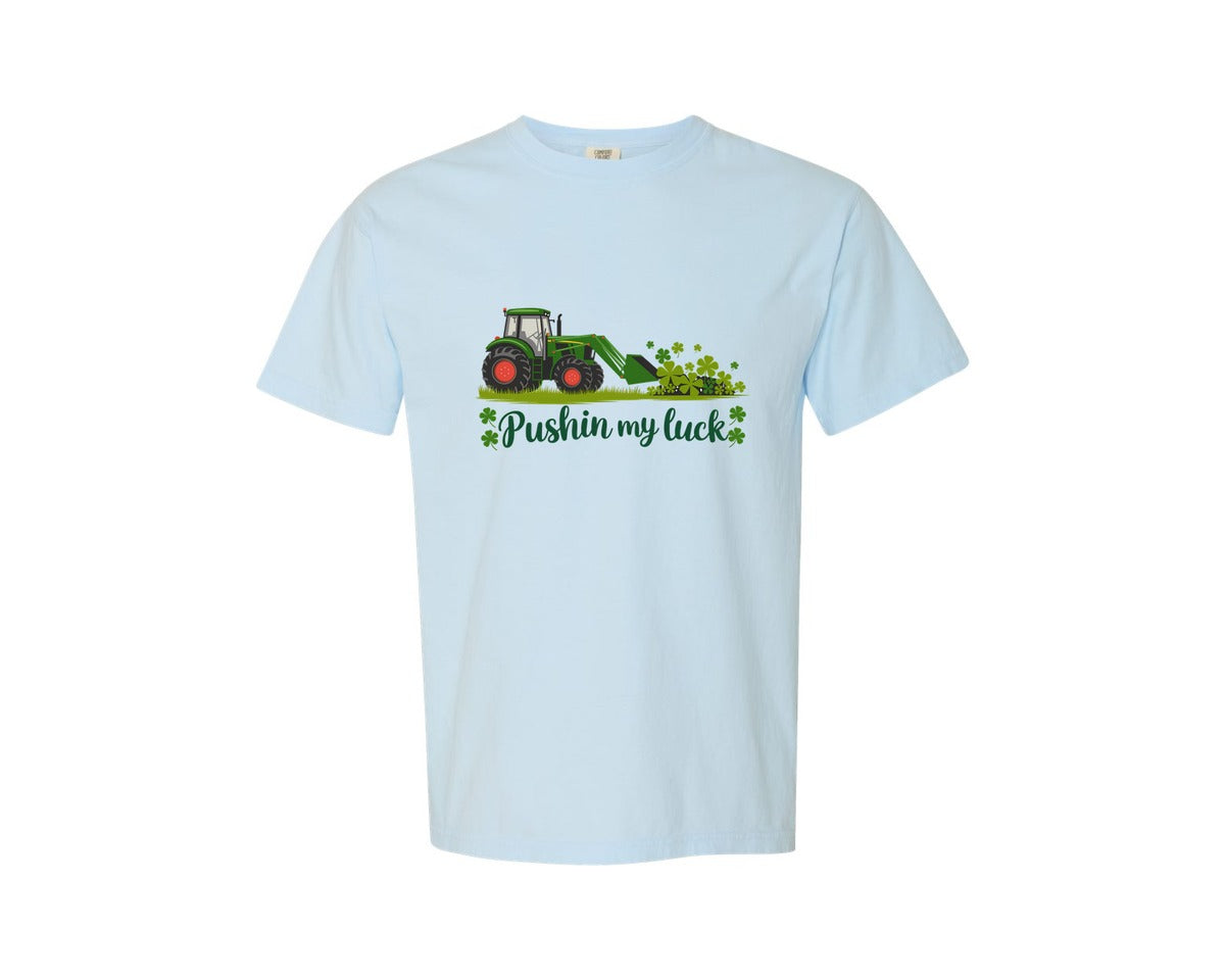 brand:Comfort Colors|color:Chambray|Pushin My Luck St Patricks Day 3 Graphic T-Shirt