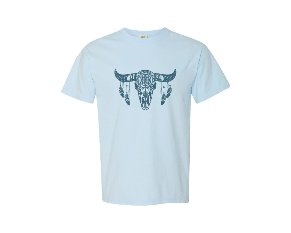 brand:Comfort Colors|color:Chambray|Western Bull Skull Aztec Boho Longhorn Graphic T-Shirt