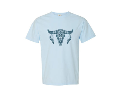 brand:Comfort Colors|color:Chambray|Western Bull Skull Aztec Boho Longhorn Graphic T-Shirt