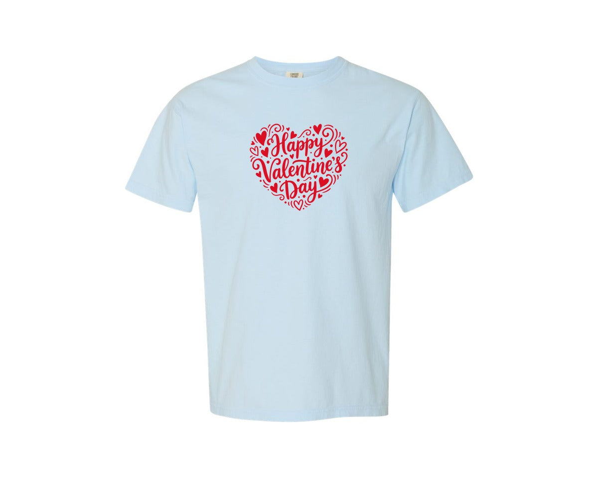 brand:Comfort Colors|color:Chambray|Happy Valentines Day Typography Heart Graphic T-Shirt