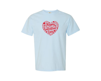 brand:Comfort Colors|color:Chambray|Happy Valentines Day Typography Heart Graphic T-Shirt