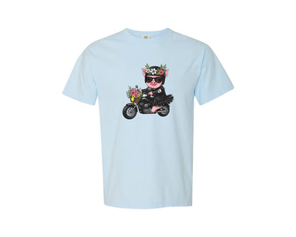 brand:Comfort Colors|color:Chambray|Biker Piggy Cute Motorcycle Graphic T-Shirt