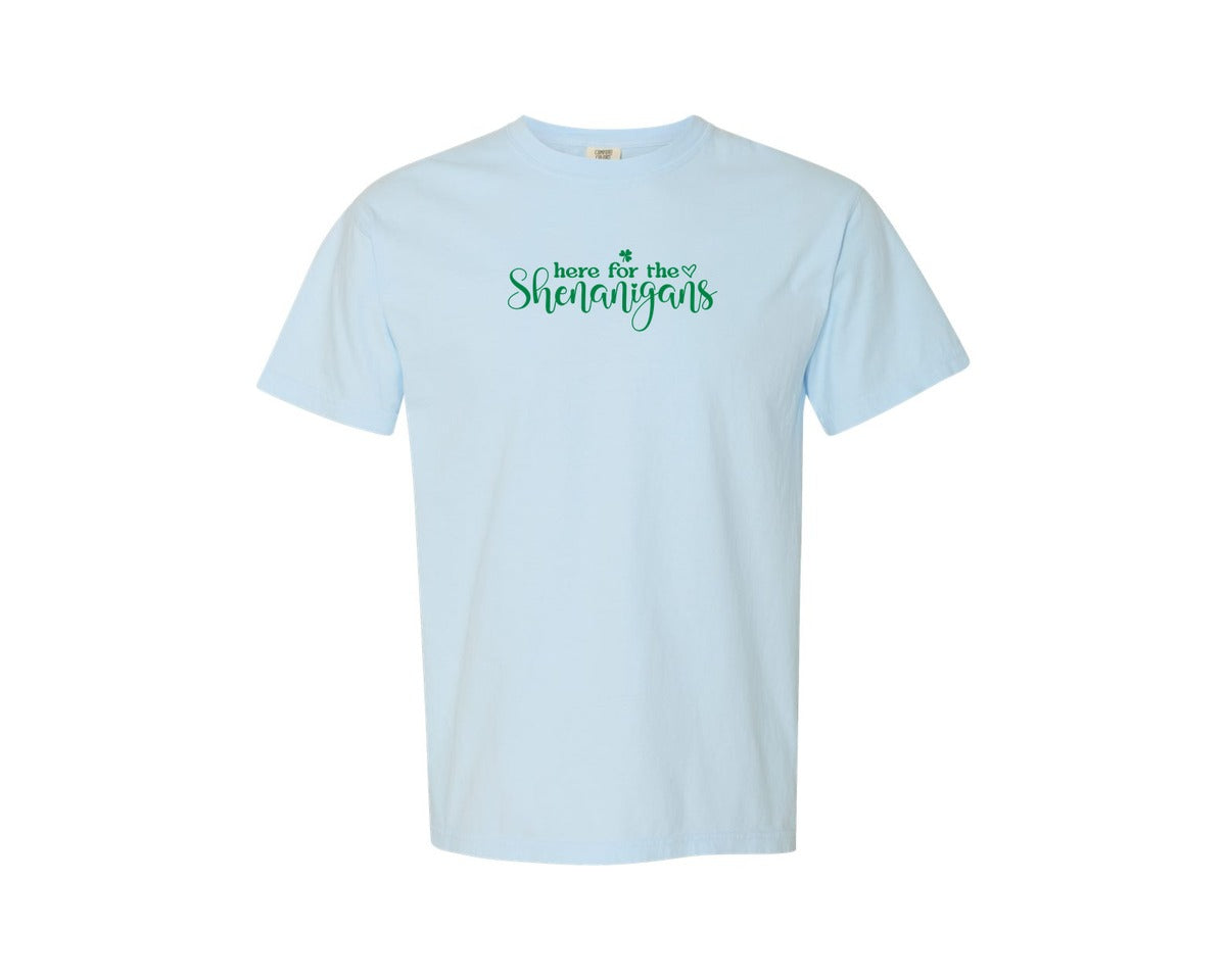 brand:Comfort Colors|color:Chambray|Patricks Day Here For The Shenanigans Graphic T-Shirt